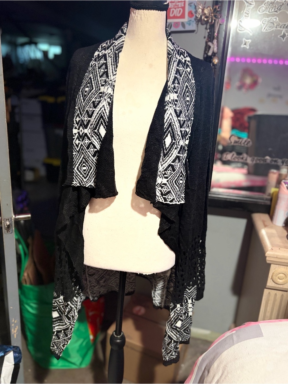 NWOT Poof! Black Cardigan with White Aztec Trim- Large
